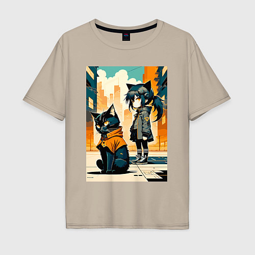 Мужская футболка оверсайз Кот и девочка гуляют на своём районе - нейросеть / Миндальный – фото 1