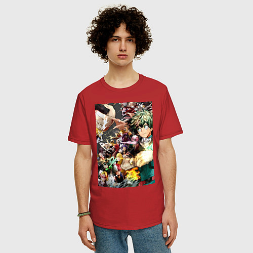 Мужская футболка оверсайз Моя геройская академия Идзуку Мидория Отяко Урарак / Красный – фото 3