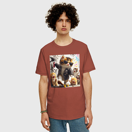 Мужская футболка оверсайз Кумир среди котят - граффити / Кирпичный – фото 3