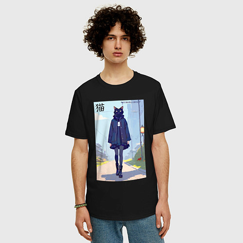 Мужская футболка оверсайз Чёрная кошечка на своём районе - нейросеть / Черный – фото 3