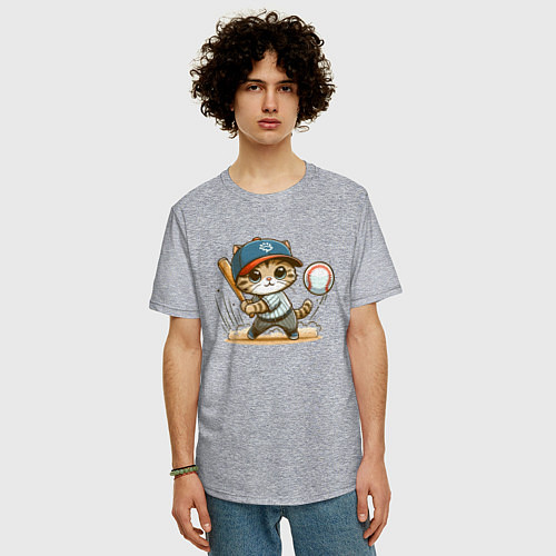 Мужская футболка оверсайз Котёнок крутой баттер бейсбольной команды - нейрос / Меланж – фото 3