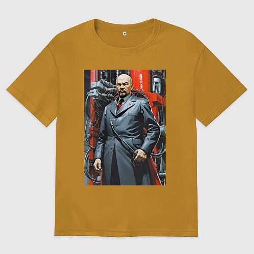 Мужская футболка оверсайз Ленин в кожанке - киберпанк / Горчичный – фото 1