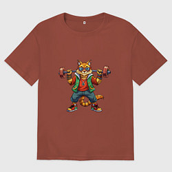 Футболка оверсайз мужская Крутой рыжий кото держит гантель, цвет: кирпичный