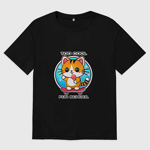 Мужская футболка оверсайз Кот на скейте с мороженным / Черный – фото 1