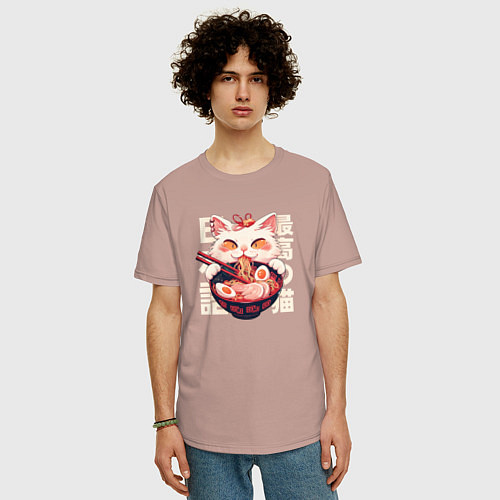 Мужская футболка оверсайз Ramen and cat japan style / Пыльно-розовый – фото 3