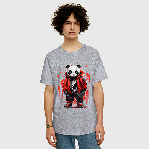 Мужская футболка оверсайз Модная панда в красной куртке / Меланж – фото 3