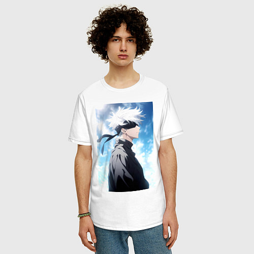 Мужская футболка оверсайз Магическая битва Сатору Годзё в повязке / Белый – фото 3