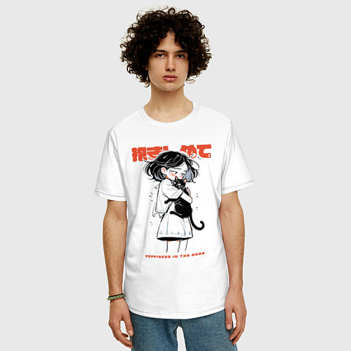 Мужская футболка оверсайз Девочка обнимает кота аниме - счастье / Белый – фото 3
