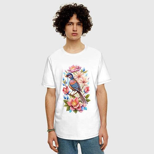 Мужская футболка оверсайз Птица Калипта Анны среди цветов / Белый – фото 3