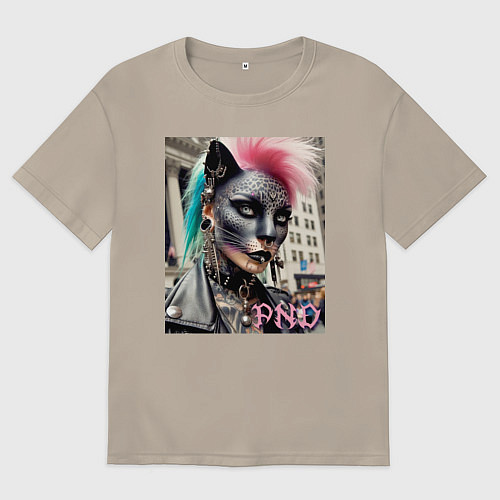Мужская футболка оверсайз Девушка кошка - панк не умер / Миндальный – фото 1