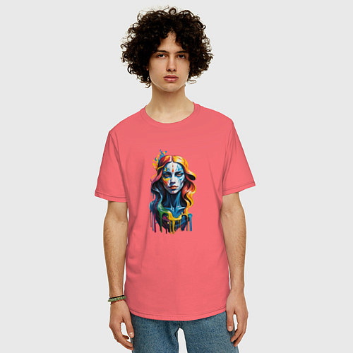Мужская футболка оверсайз Портрет арт маслом девушка с голубыми каплями / Коралловый – фото 3