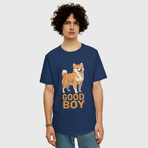 Мужская футболка оверсайз Собака акита-ину / Тёмно-синий – фото 3