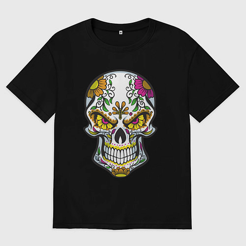 Мужская футболка оверсайз Череп в цветочках / Черный – фото 1