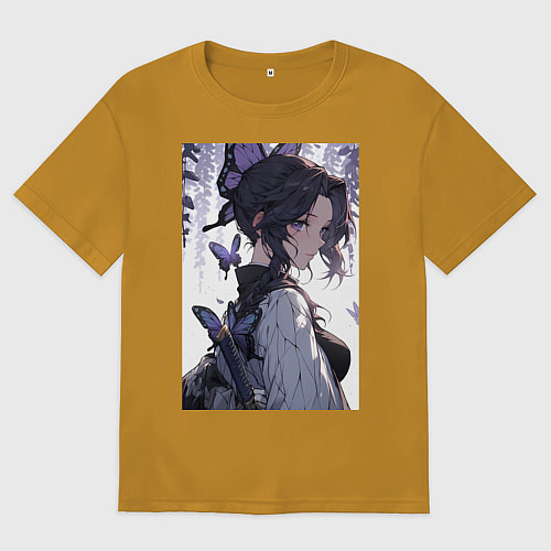 Мужская футболка оверсайз Клинок, рассекающий демонов Синобу Котё бабочка / Горчичный – фото 1
