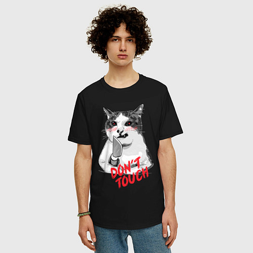 Мужская футболка оверсайз Суровый кот с ножом / Черный – фото 3