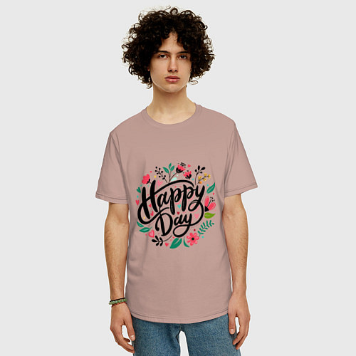 Мужская футболка оверсайз Happy day с цветами / Пыльно-розовый – фото 3