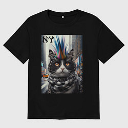 Футболка оверсайз мужская Кот панк с разноцветным хаером - Нью-Йорк, цвет: черный
