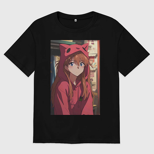 Мужская футболка оверсайз Евангелион Аска Лэнгли Сорью кошка / Черный – фото 1