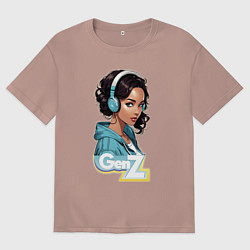 Футболка оверсайз мужская Поколение z - девушка в наушниках, цвет: пыльно-розовый