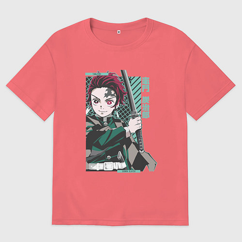 Мужская футболка оверсайз Клинок рассекающий демонов Тандзиро зеленый / Коралловый – фото 1