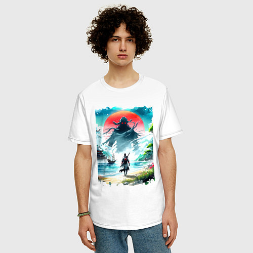 Мужская футболка оверсайз Призрак Цусимы - самурай на берегу озера / Белый – фото 3