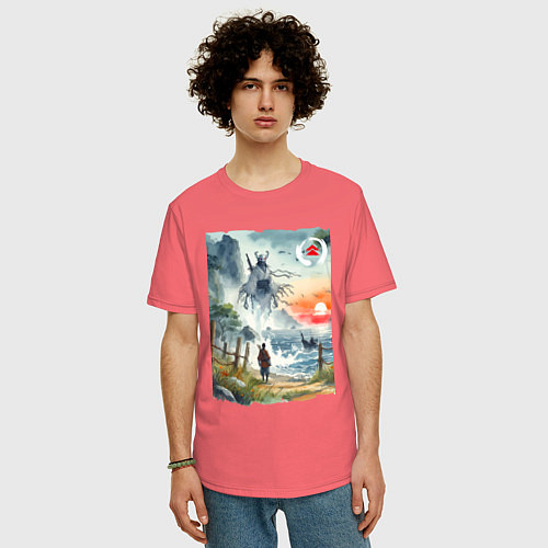 Мужская футболка оверсайз Ghost of Tsushima - watercolor / Коралловый – фото 3