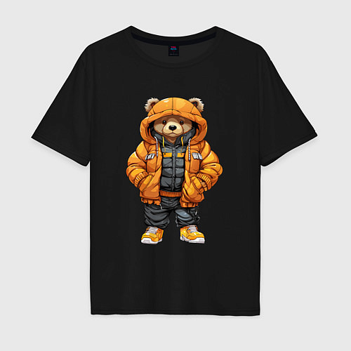 Мужская футболка оверсайз Медведь в тёплой куртке / Черный – фото 1