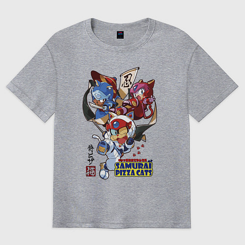 Мужская футболка оверсайз Samurai pizza cats / Меланж – фото 1