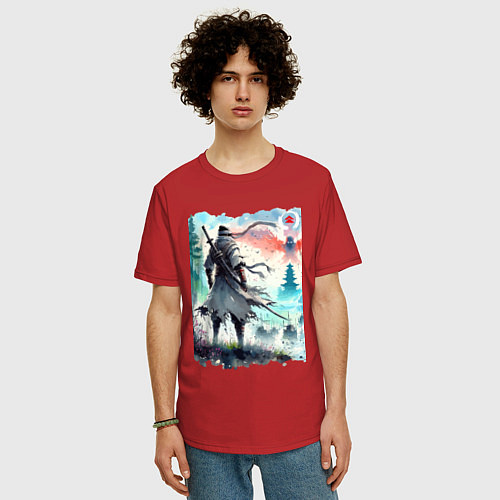 Мужская футболка оверсайз Warrior samurai - ai art watercolor / Красный – фото 3