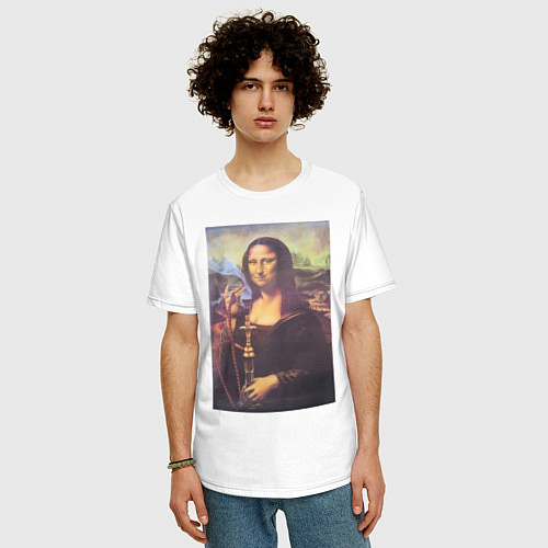 Мужская футболка оверсайз Мона Лиза с кальяном / Белый – фото 3