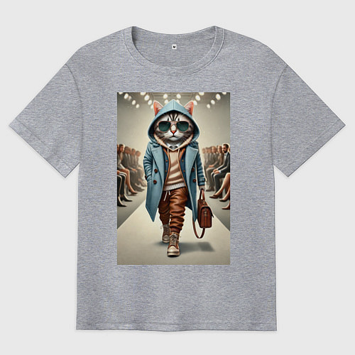 Мужская футболка оверсайз Модный кот в очках на дефиле животных / Меланж – фото 1