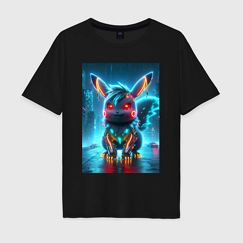 Мужская футболка оверсайз Cyber Pikachu in the neon metropolis - ai art / Черный – фото 1