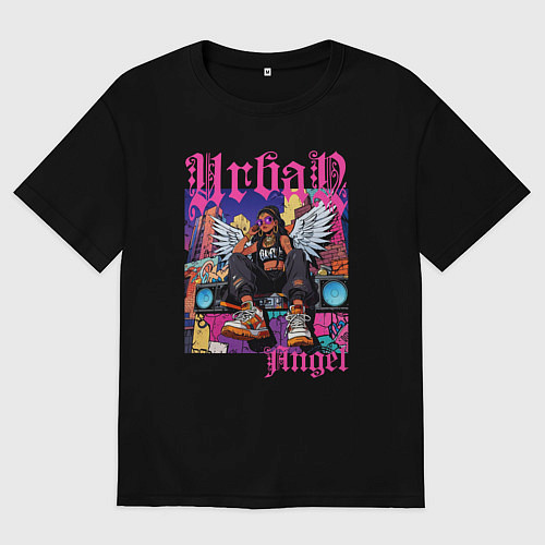 Мужская футболка оверсайз Городская девушка ангел в стиле хип-хоп / Черный – фото 1