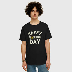 Футболка оверсайз мужская Happy f**king day - надпись и смайл, цвет: черный — фото 2