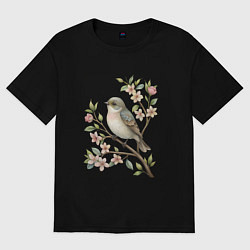 Футболка оверсайз мужская Маленькая птичка на ветке с цветами, цвет: черный
