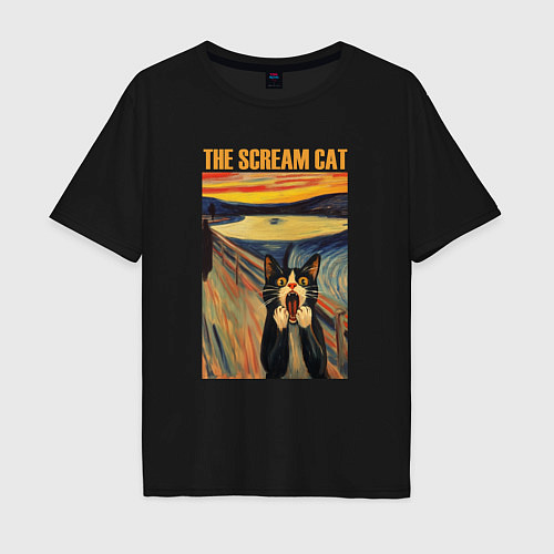 Мужская футболка оверсайз The scream cat art / Черный – фото 1