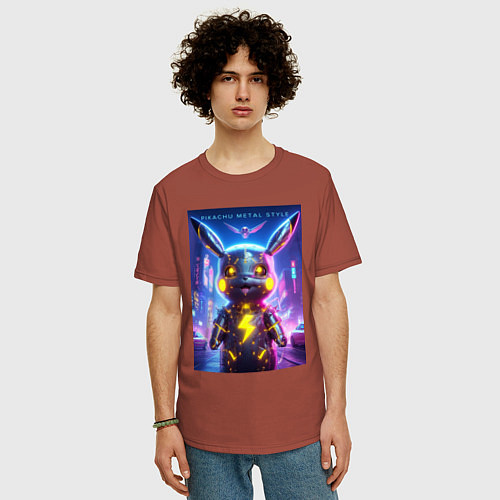 Мужская футболка оверсайз Cyber Pikachu - metal style neon glow / Кирпичный – фото 3