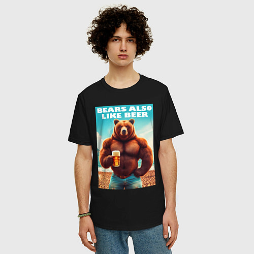Мужская футболка оверсайз Медведи тоже любят пиво - нейроарт / Черный – фото 3