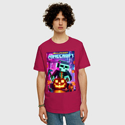 Футболка оверсайз мужская Skeleton and pumpkin - neon glow, цвет: маджента — фото 2
