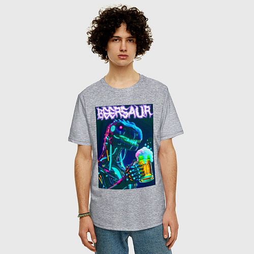 Мужская футболка оверсайз Neon cyber beersaur - neon glow fantasy / Меланж – фото 3
