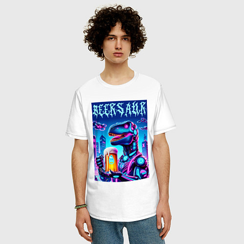 Мужская футболка оверсайз Кибер пивозавр из будущего - нейроарт / Белый – фото 3