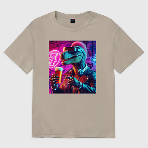 Мужская футболка оверсайз Neon beersaur - neon glow / Миндальный – фото 1