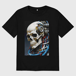 Футболка оверсайз мужская Кибер череп - нейроарт фантазия, цвет: черный
