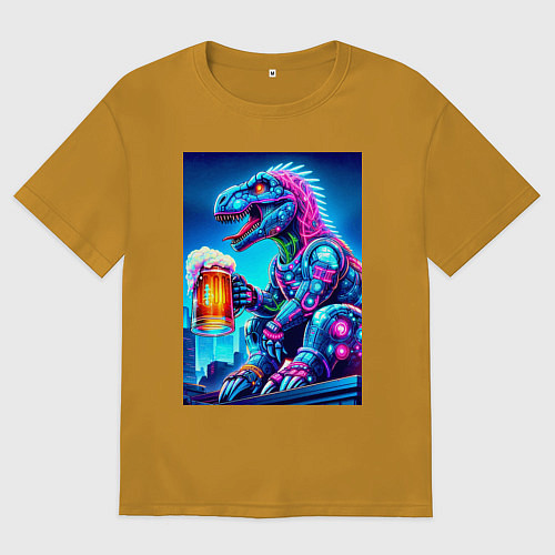 Мужская футболка оверсайз Cyber tyrannosaur with a mug of beer - ai art fant / Горчичный – фото 1