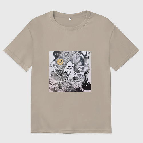 Мужская футболка оверсайз Лицо в абстракционистском стиле и животные / Миндальный – фото 1