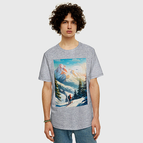 Мужская футболка оверсайз Лыжник в горах / Меланж – фото 3