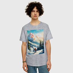 Футболка оверсайз мужская Лыжник в горах, цвет: меланж — фото 2