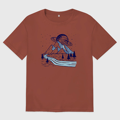 Мужская футболка оверсайз Сатурн и горы / Кирпичный – фото 1