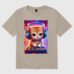 Футболка оверсайз мужская Cutie kitten DJ - neon glow, цвет: миндальный