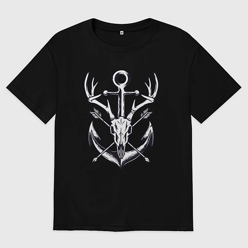 Мужская футболка оверсайз Череп оленя и якорь / Черный – фото 1